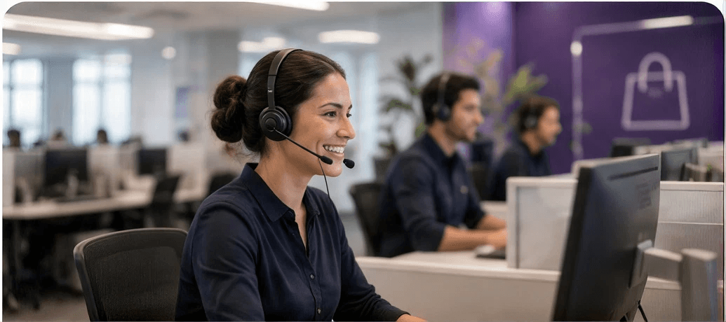Customer service agent with a headset in a contact centre