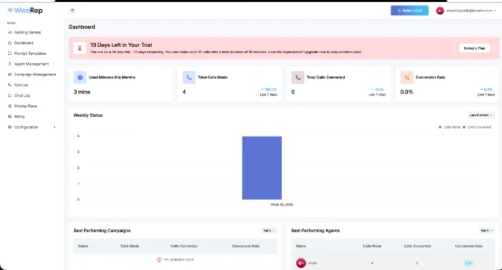WiseRep AI dashboard showing calls made and converted