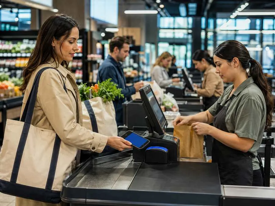 Shopper paying by phone at a grocery checkout
