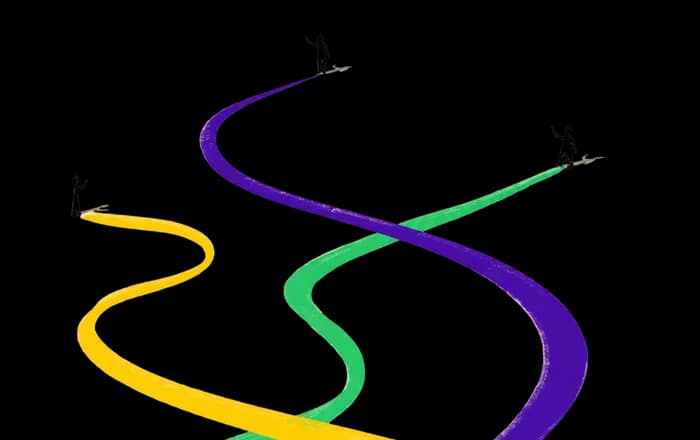 Illustration of three people at the start of winding coloured paths that cross